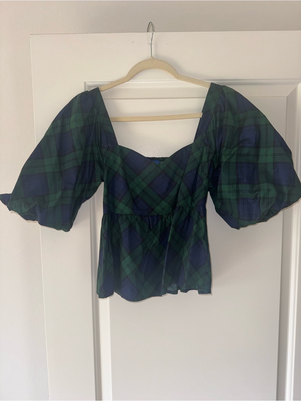 Puff-Sleeve Plaid Peplum Top in Green and Navy
